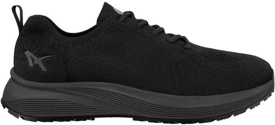 Zwarte gebreide sneaker met vetersluiting en logo op de zijkant.