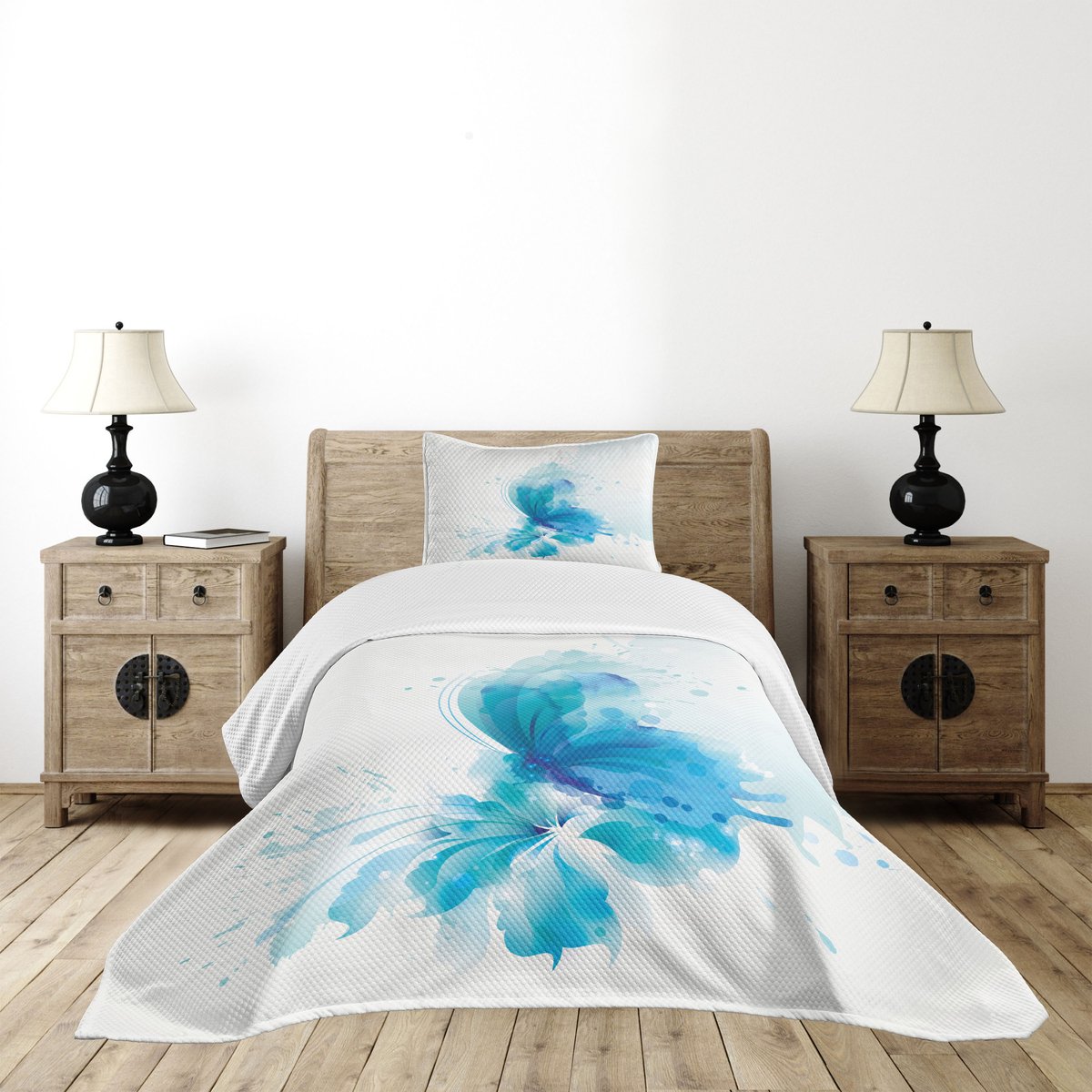 ABAKUHAUS Aquarel bedsprei – 2-delige set, blauw-wit, gequilt
