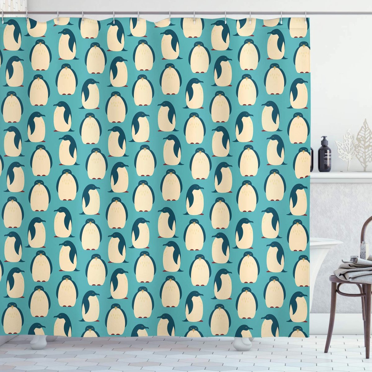 ABAKUHAUS pinguïn-douchegordijn – baddecoratiestof – kadetblauw 175x240