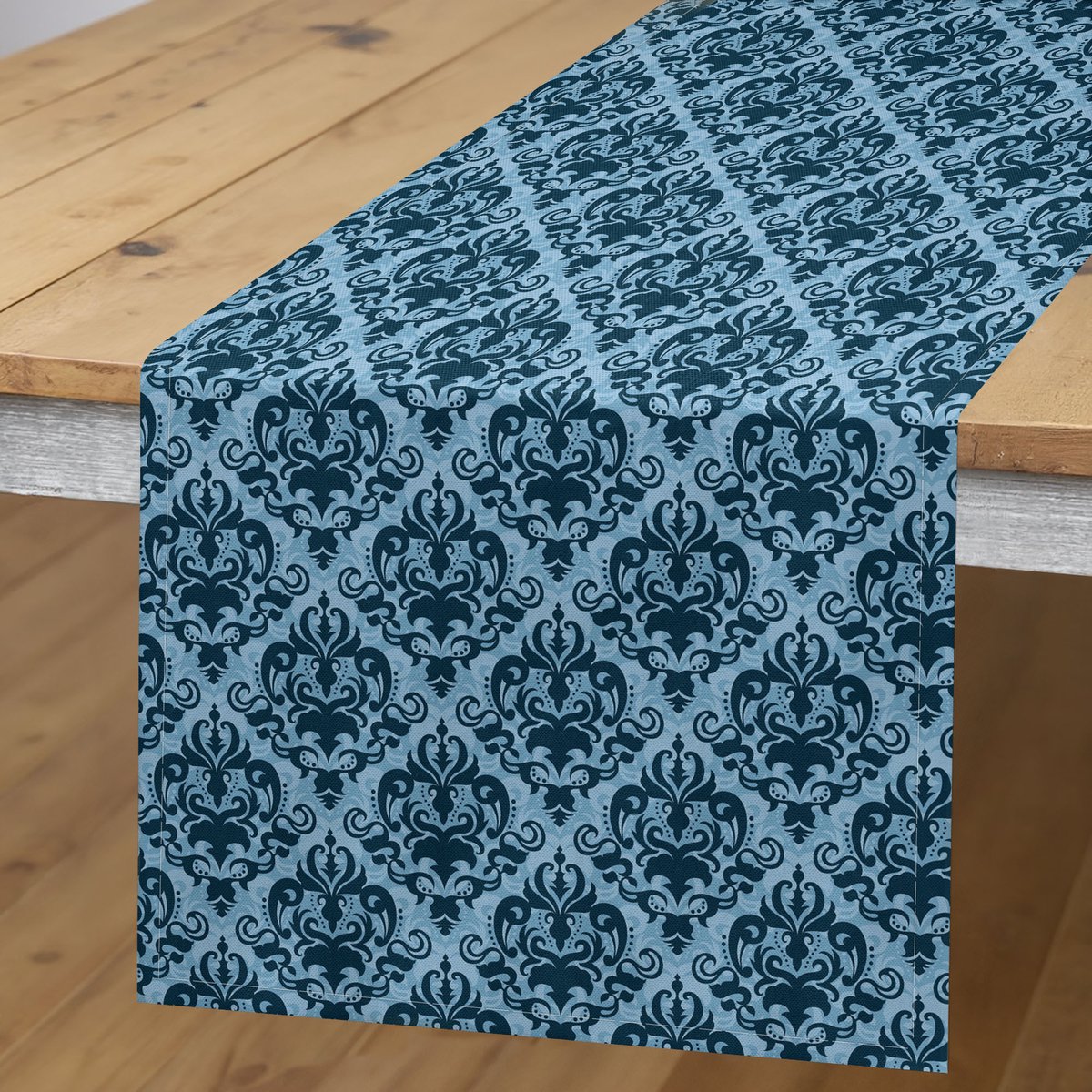 ABAKUHAUS Damast Tafelloper – Blauw Rococo – 40x180 cm