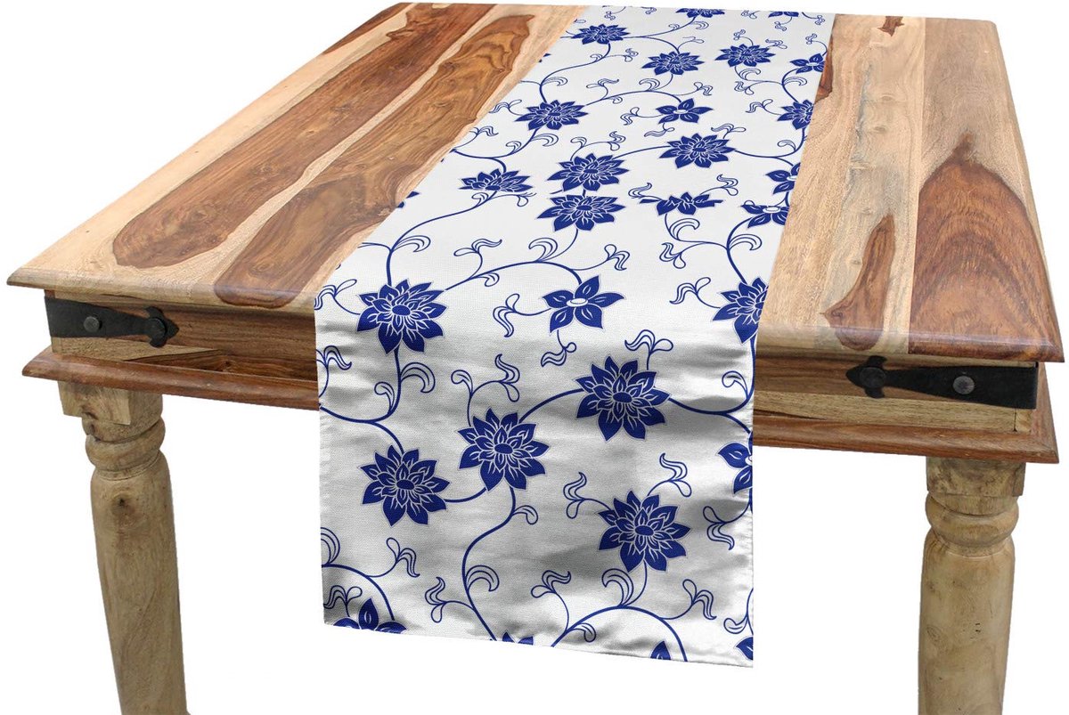 ABAKUHAUS Tafelrunner – Chinese bloemen natuur – 40×180 cm – violet-blauw-wit