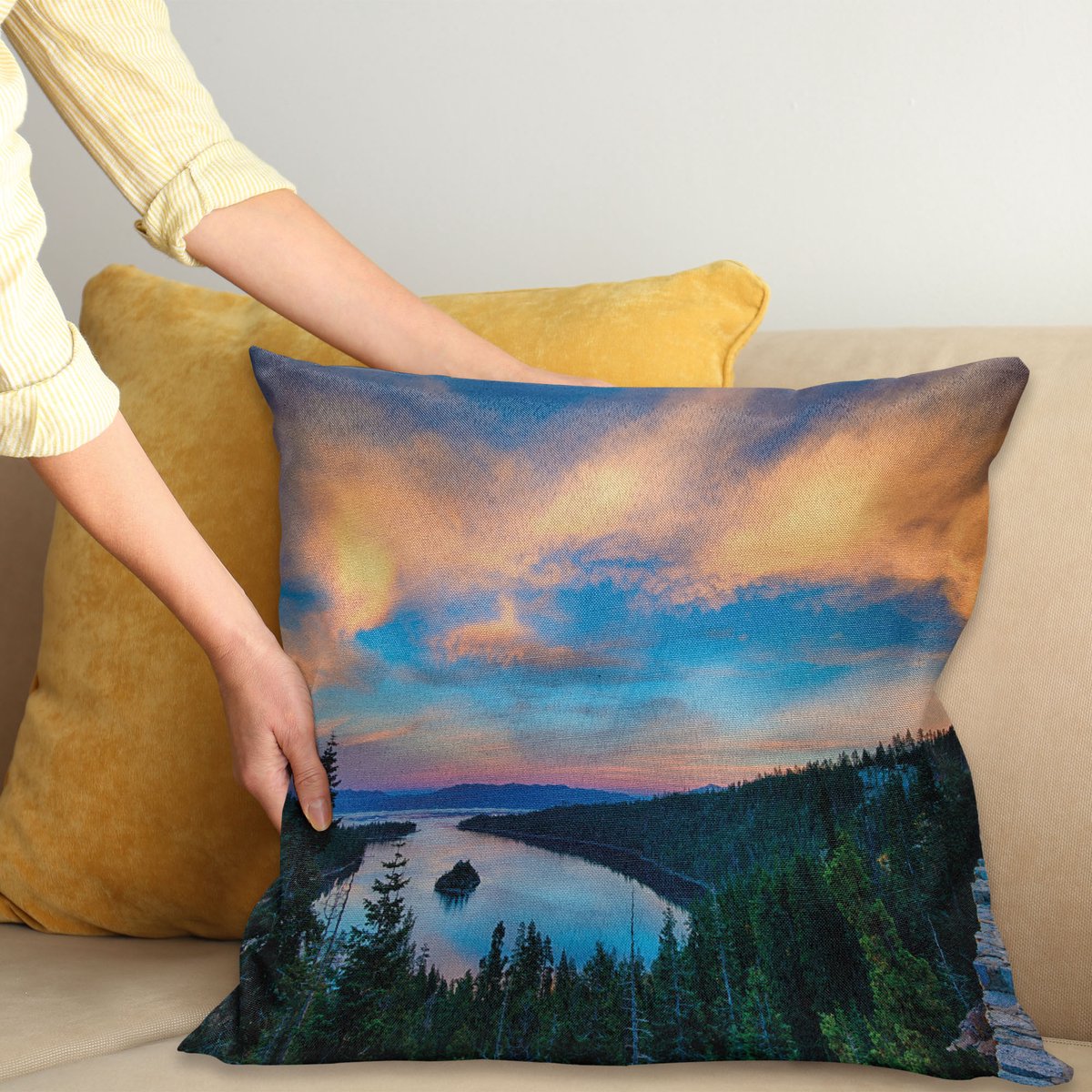 ABAKUHAUS Lake Tahoe kussenhoes – Vierkant 50x50 cm – Groen/Hemelsblauw