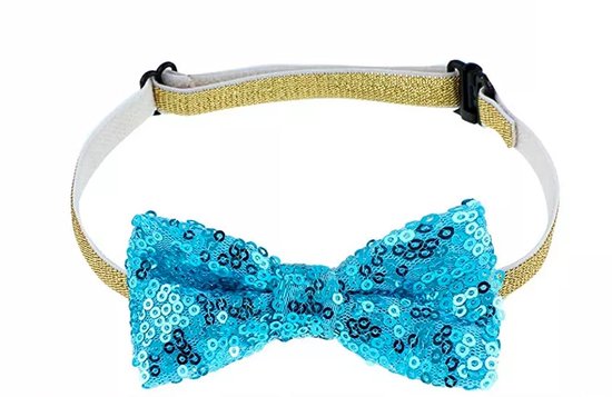 Gouden halsband met glinsterende lichtblauwe strik.
