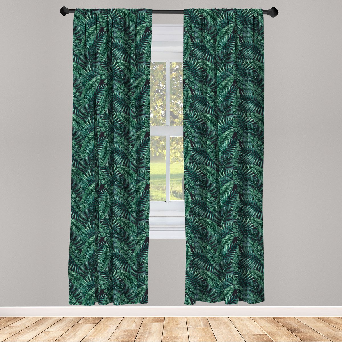 ABAKUHAUS Palmblad Voorhangen – 2-delige paneelset 75×245 cm – Microfaser, Donker Groen/Zwart