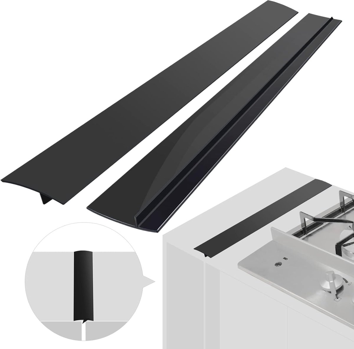 2-Pack Zwarte Siliconen Kookplaat Gap Cover (21 Inch) - Hittebestendig + Gemakkelijk Te Reinigen - Keuken Gap Vuller / Dichtingsstrip / Apparaat Spleetafdichting - Ideaal voor Oven, Wasmachine & Droger