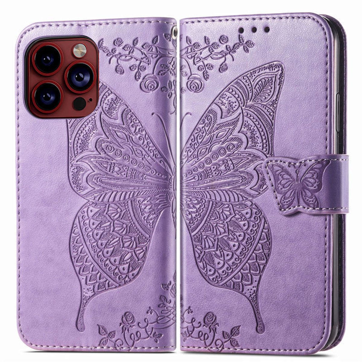 YPCd Bookcase geschikt voor Apple iPhone 15 Pro Max - Vlinder Design - Portemonnee / Wallet Hoesje - Paars