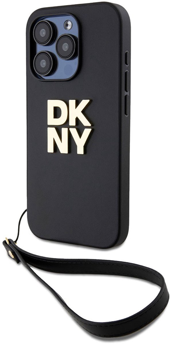 DKNY, Geschikt voor Apple iPhone 14 Pro hoesje met metallic logo en polsbandje, Zwart