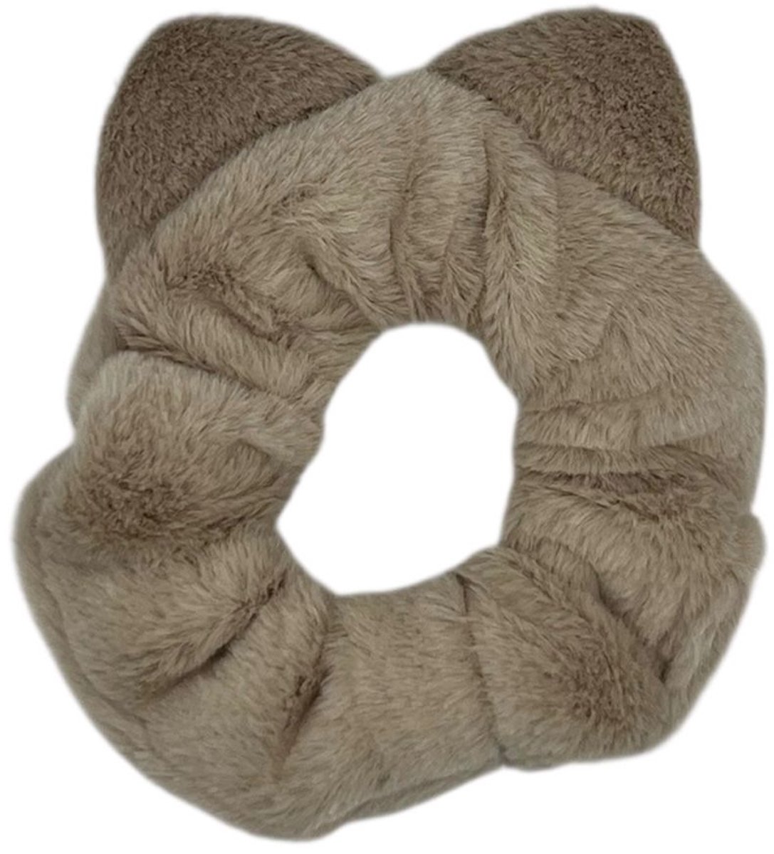Scrunchie - elastiek - zachte furry stof - met oortjes - beige