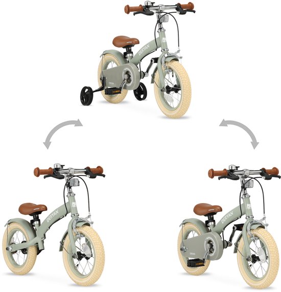 Trois configurations du vélo d'enfant vert Deryan 3-en-1 : avec roulettes, en draisienne et à pédales.