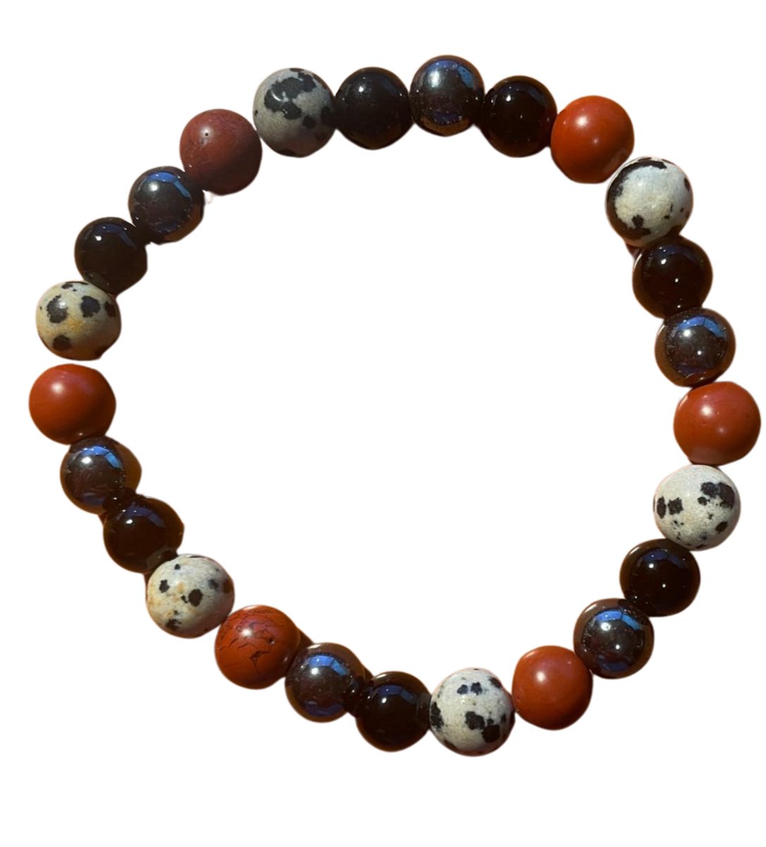 Earth Energy-Edelsteen Armband 8 mm – 18 cm – Rode Jaspis, Dalmatier Jaspis, Obsidiaan & Pyriet