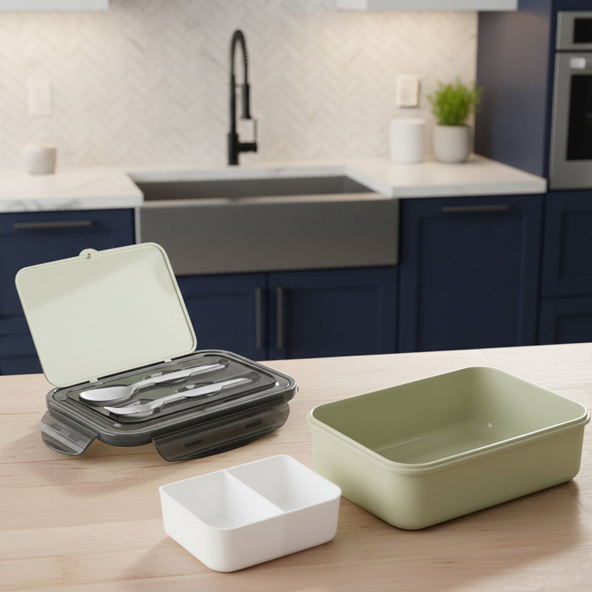 Cheffinger, Voedselcontainer 1.3L CF-5031 met Lepel en Vork, Groen