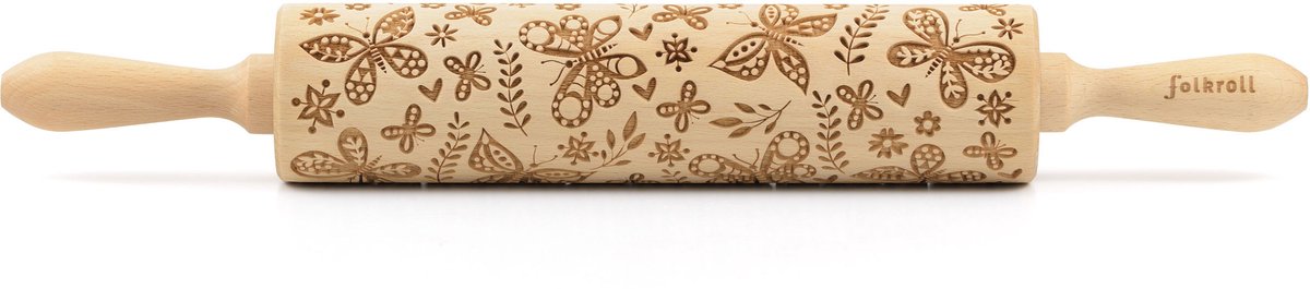 Folkroll deegroller vlinders, groot, 43 cm, deegroller, embossingroller, patroon, motief, roller, beukenhout, 330340