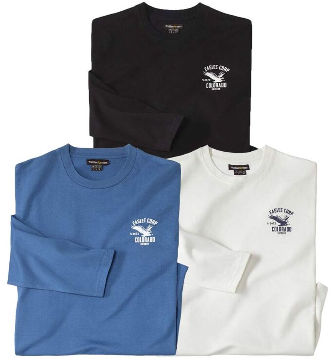 ATLAS FOR MEN - Set van 3 Colorado T-shirts met lange mouwen - Heren - Verkrijgbaar in grote maten - 4XL