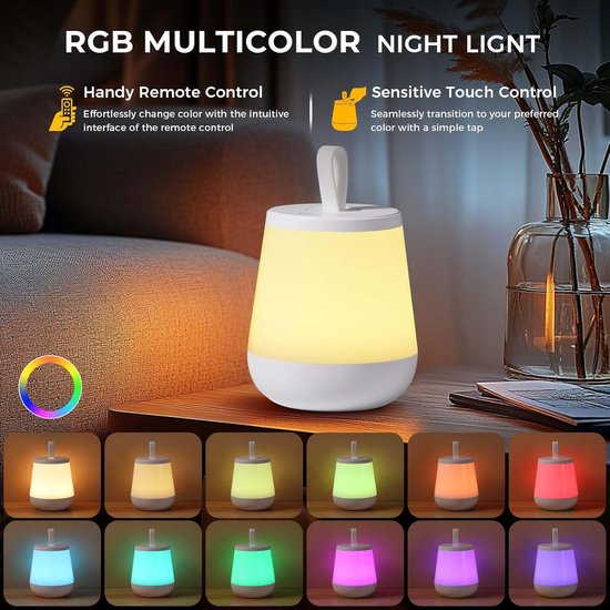 Kindernachtlampje, touchscreen, afstandsbediening, oplaadbare LED, geschikt voor baby's en zwangere vrouwen, 4 instelbare standen, 16 kleuren, nachtlampje voor volwassenen, bedlampje, slaapkamer (wit) van Merkloos — afbeelding 2