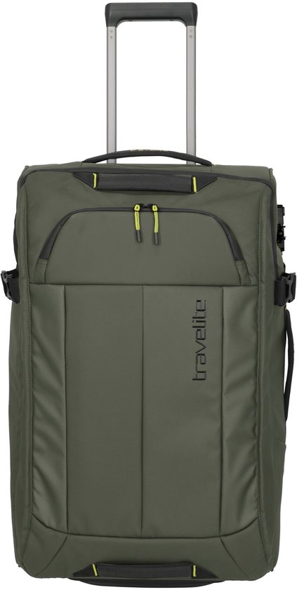 Khaki groene Travelite reistas met wielen, handvat en opbergvakken. Neon gele accenten.