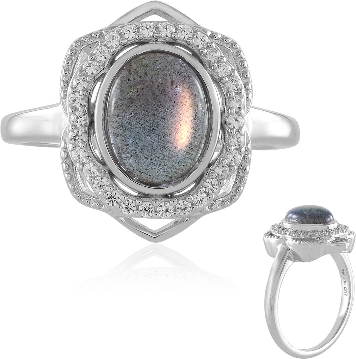 Cavill - Elegante Damesring - 925 Sterling Zilver Platina Geplateerd - Roze Minary Labradoriet 1 895 ct Ovaal - 30 Pavé Zirkonia