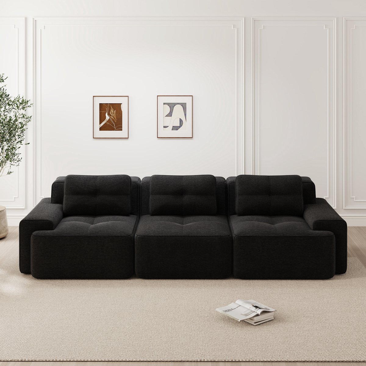 Boneloze modulaire bank, moderne woonkamerbank met lage zit, comfortabele katoenen fluwelen wolkbank, 3-zits kleinbank, slaapbank, zwart