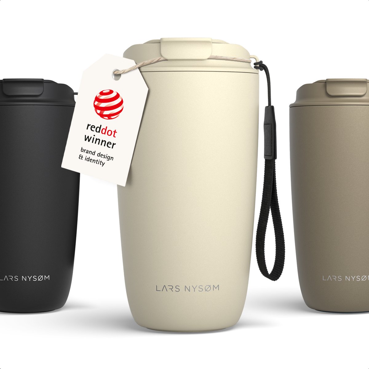 LARS NYSØM Rørelse Thermo Coffee Mug-to-go 380ml - BPA-vrij met Isolatie - Met Draagriem & Tritan Deksel (Almond Beige)