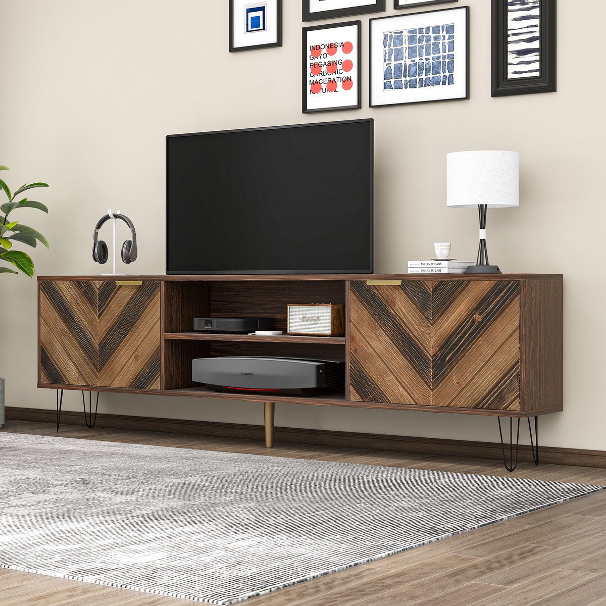 STILVORA TV-Meubel - Fineer Deuren Met Gouden Grepen - IJzeren Poten - Voor Woonkamer En Slaapkamer - Spaanplaat - 155x38x48 Cm - Notenbruin