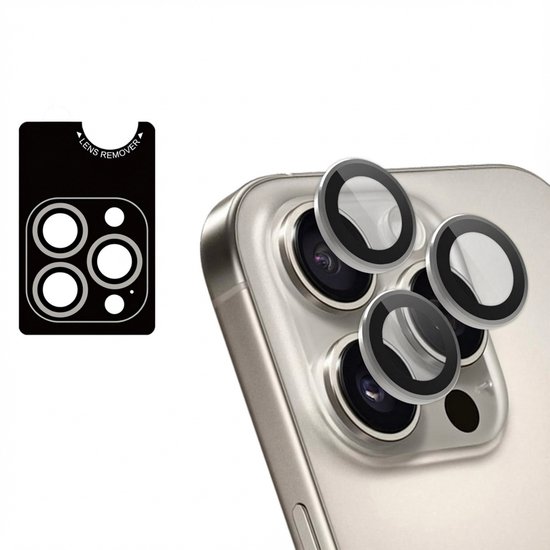 Lensverwijderaar en iPhone 14 Pro Max/Pro cameralensbeschermers in naturel titanium.