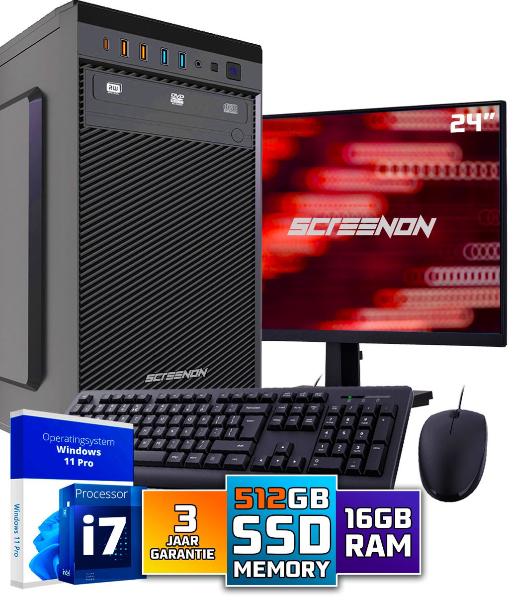 Intel Compleet PC SET | Intel Core i7 | 16 GB DDR4 | 512 GB SSD + 24 Inch Monitor + Muis + Toetsenbord | Windows 11 Pro + WiFi & Bluetooth