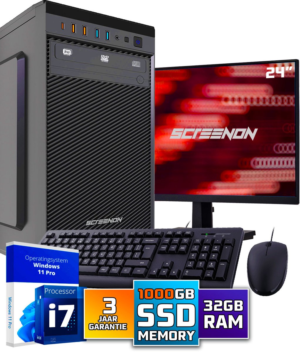 Intel Compleet PC SET | Intel Core i7 | 32 GB DDR4 | 1 TB SSD + 24 Inch Monitor + Muis + Toetsenbord | Windows 11 Pro + WiFi & Bluetooth