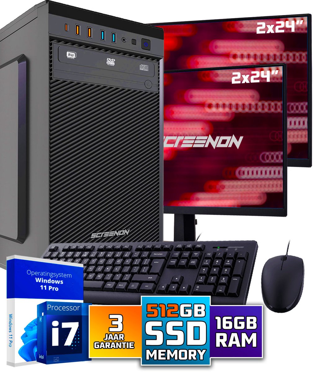 Intel Compleet PC SET | Intel Core i7 | 16 GB DDR4 | 512 GB SSD + 2 x 24 Inch Monitor + Muis + Toetsenbord | Windows 11 Pro + WiFi & Bluetooth