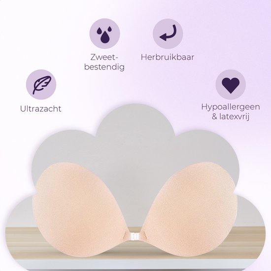Beige plakbh van Shapetape, afgebeeld met iconen die aangeven: zweetbestendig, herbruikbaar, ultra zacht, hypoallergeen en latexvrij.