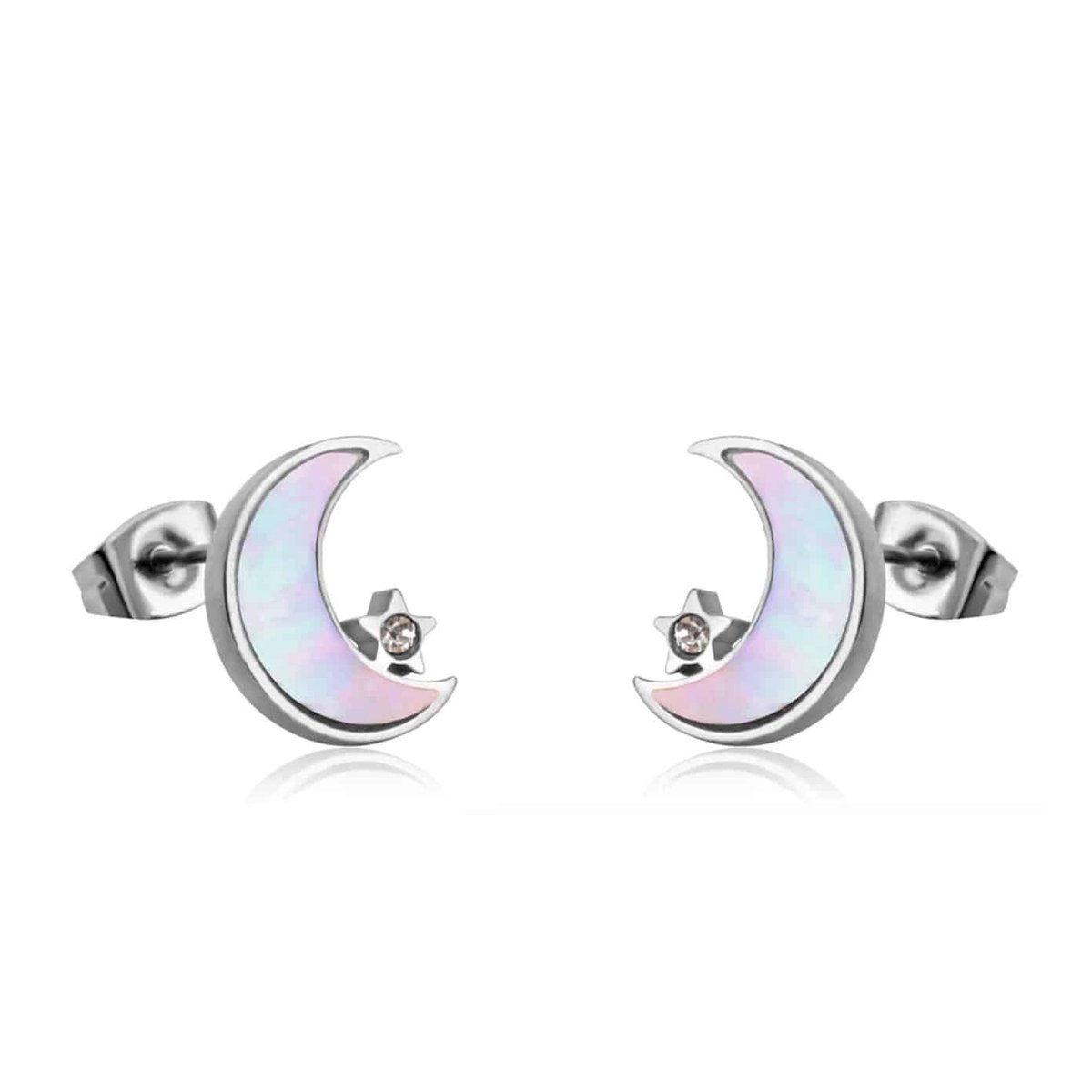 Planet Pink - Oorbellen shiny maan zilver - Stainless Steel - Roestvrij Staal rvs - Waterproof