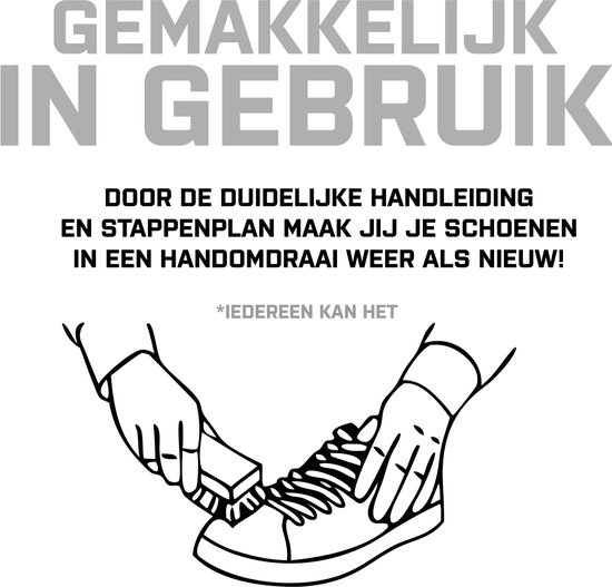 Een illustratie van handen die een sneaker schoonmaken met een borstel. Tekst "GEMAKKELIJK IN GEBRUIK".