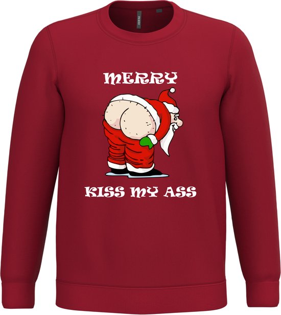 Kersttrui Merry Kiss My Ass | Foute Kersttrui heren dames | Christmas Sweater | Rood | maat XL