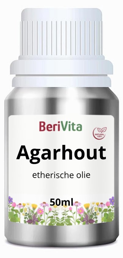 Zilverkleurige fles BeryVita Agarhout etherische olie 50ml met label en bloemenrand.