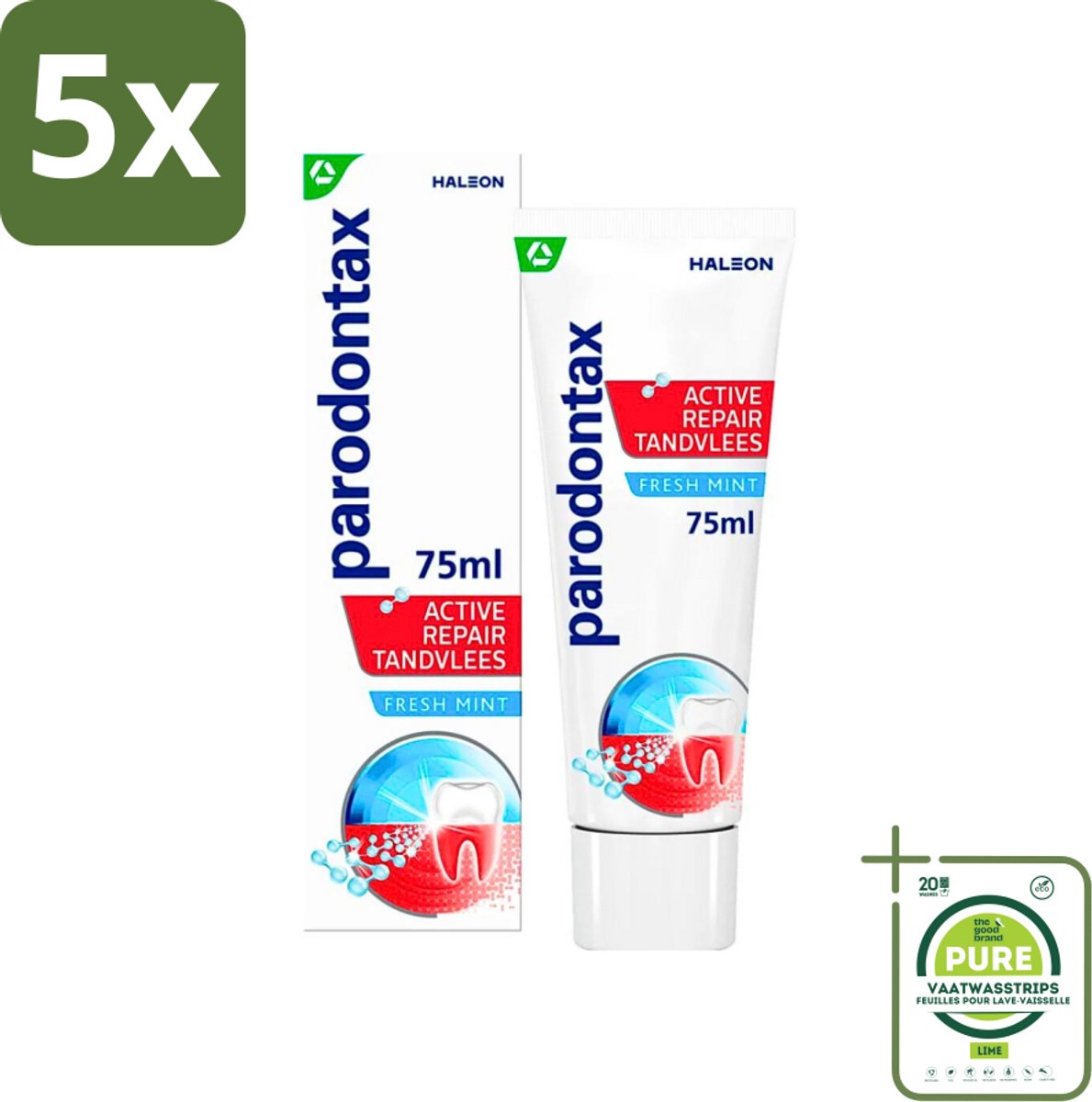 5 x Parodontax - Tandpasta - Active Repair Tandvlees - Fresh Mint - 75 ml - Grootverpakking - Tandvlees Herstellen - Bloedend Tandvlees - Gezwollen Tandvlees - Tandplak Verwijderen - Frisse Adem