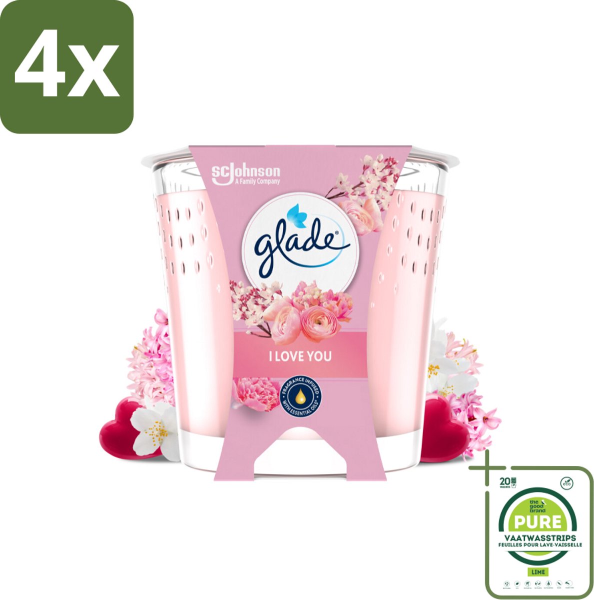 Glade - Geurkaars I Love You - 100% Raapzaadwas & Vegan - 112 g - Voordeelverpakking - 4 stuks - Geurkaars - Vegan