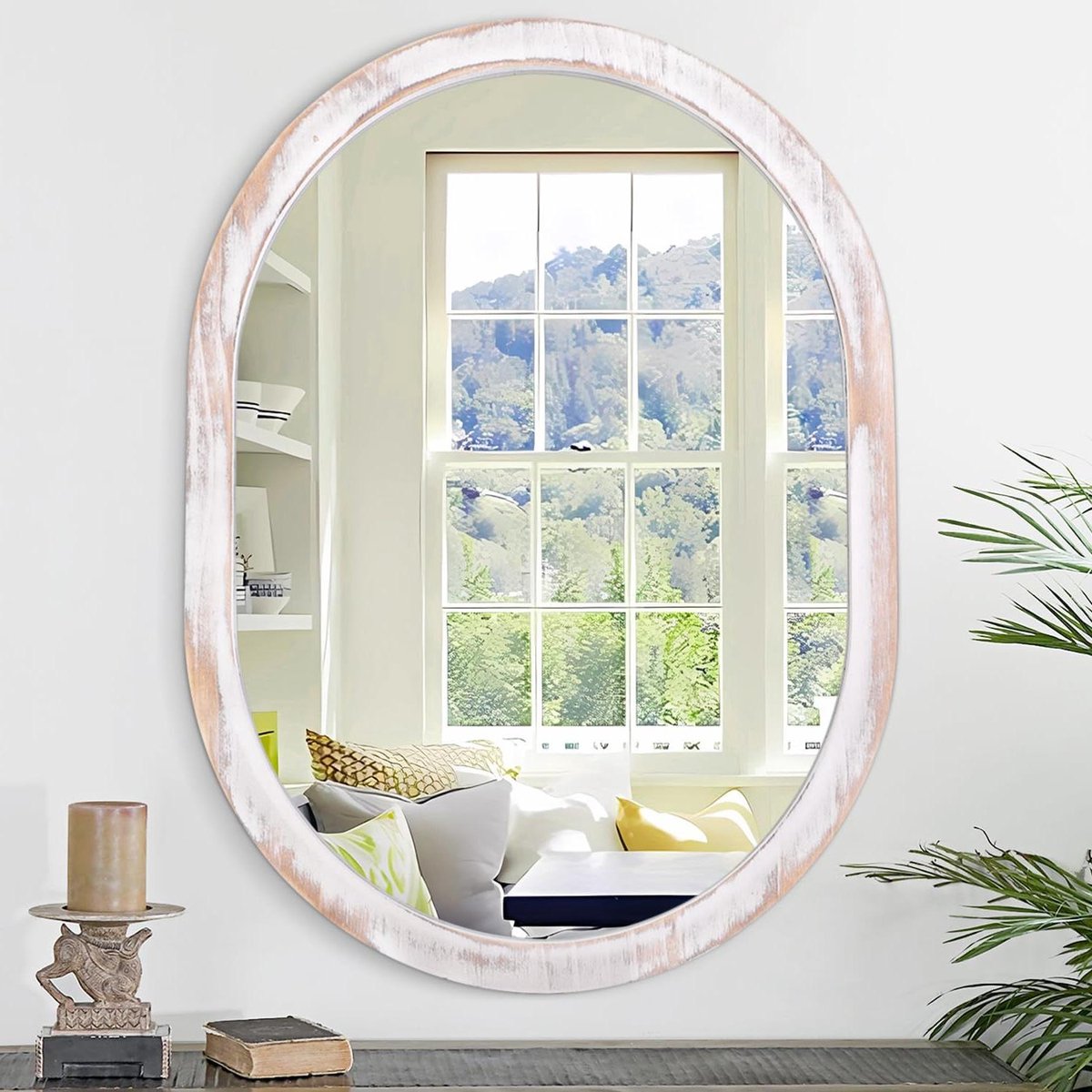 Provento - Ovale wandspiegel met houten frame voor badkamer en woonkamer - Wit, horizontaal/verticaal.