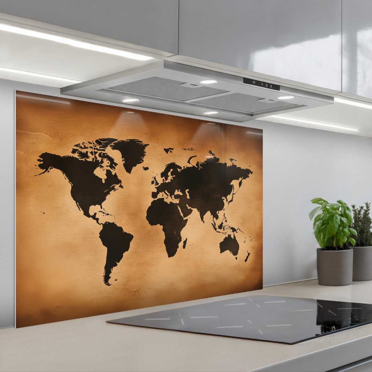 KitchenYeah Spatscherm 80x55 cm Zelfklevende achterwand Wereldkaart Bruin Kaart Keuken muurbeschermer Spatwand fornuis