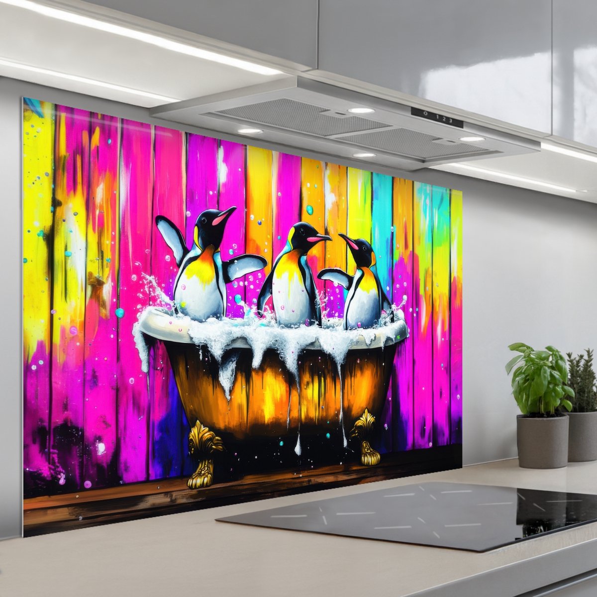 KitchenYeah Spatscherm 120x80 cm Zelfklevende achterwand Pinguïns Badkuip Kleurrijk Schuim Keuken muurbeschermer Spatwand fornuis