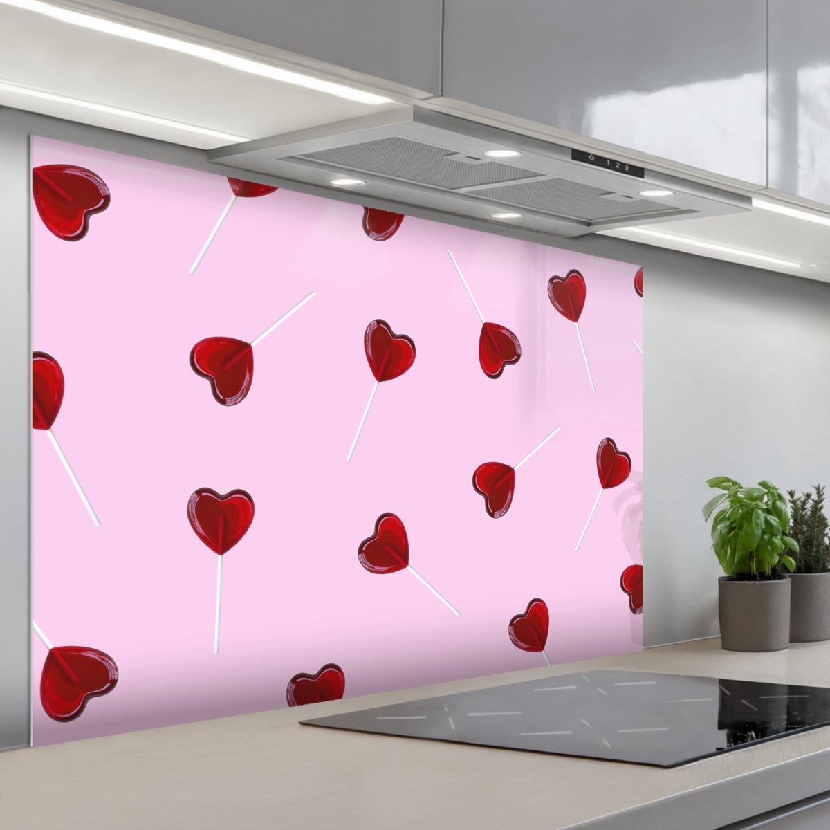 KitchenYeah Spatscherm 120x80 cm Zelfklevende achterwand Roze Hart Lolly Snoep Keuken muurbeschermer Spatwand fornuis