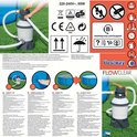 Verpakking met instructies en afbeeldingen van de zandfilterpomp en opstelling.