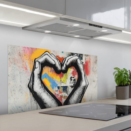 Spatscherm 100x50 cm - Zelfklevende achterwand Handen - Hart - Street art - Graffiti - Keuken muurbeschermer - Spatwand fornuis