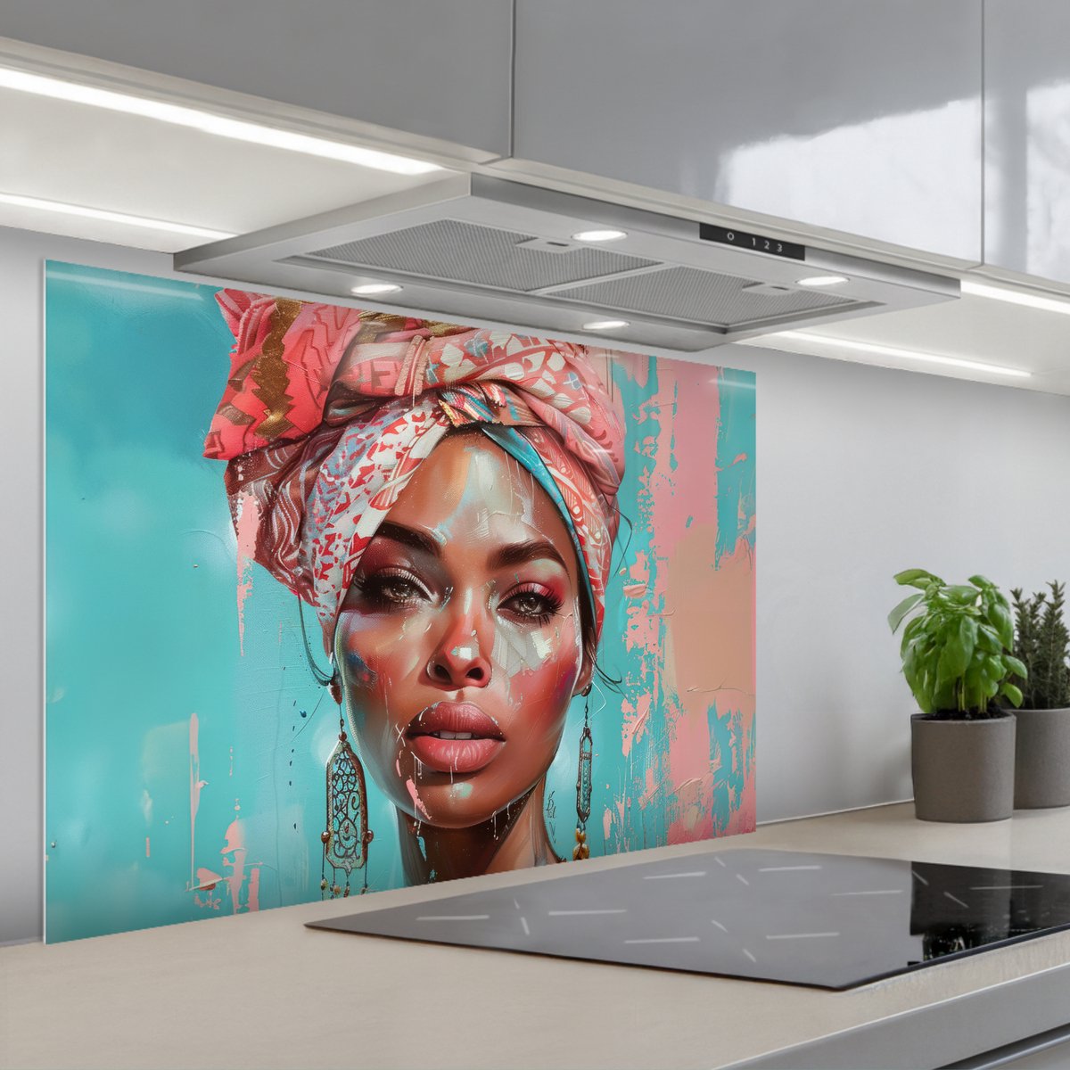 KitchenYeah Spatscherm 90x60 cm Zelfklevende achterwand Vrouw Portret Blauw Roze Modern Keuken muurbeschermer Spatwand fornuis