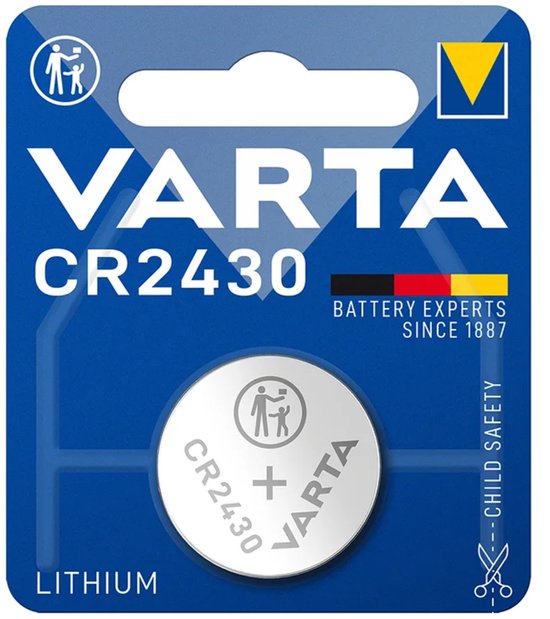Varta CR2430 lithium knoopcelbatterij in blauwe kaartverpakking met kindveiligheidswaarschuwing.