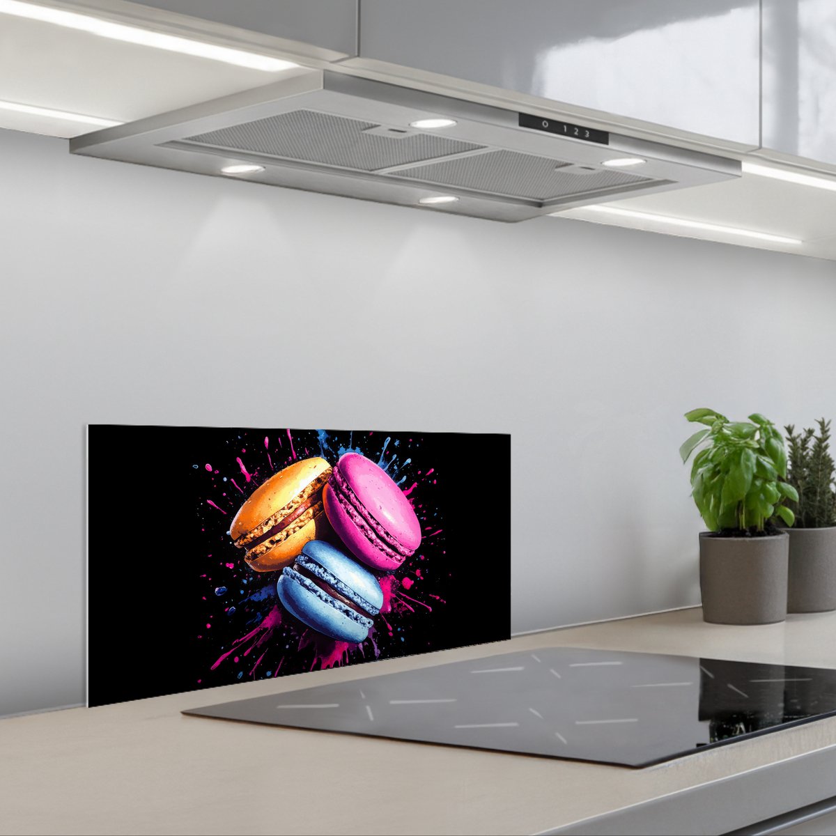 Spatscherm 60x30 cm - Zelfklevende achterwand Macarons - Dessert - Graffiti - Kleurrijk - Roze - Blauw - Geel - Keuken muurbeschermer - Spatwand fornuis