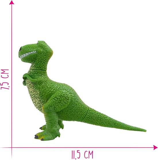 Groene dinosaurus speelfiguur, 7,5 cm hoog en 11,5 cm lang, met getextureerde huid.