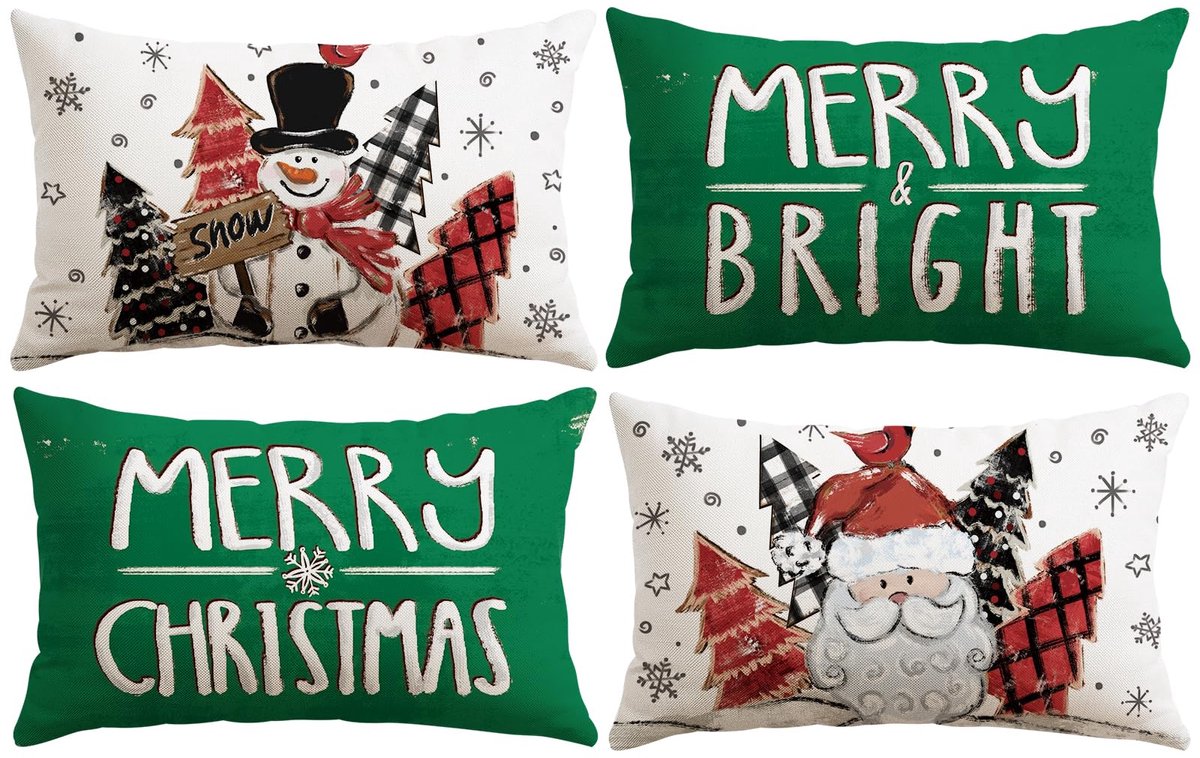 Unyqoos Set van vier decoratieve kerst kussenslopen met sneeuwpop en kerstman motief groen