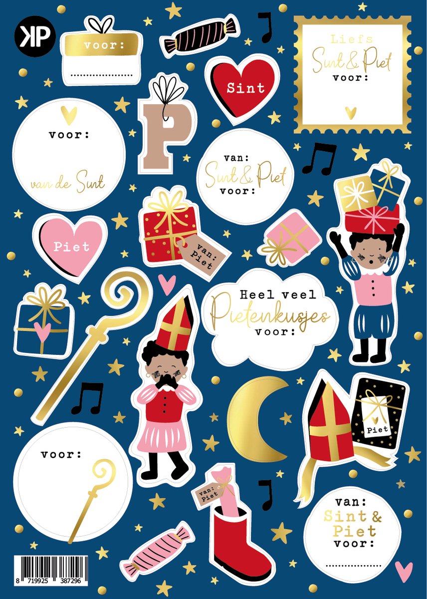 Stickervel A5 – Sinterklaas – 21 vrolijke Sinterklaasstickers met Pieten, cadeautjes en “voor…” labels – Cadeaustickers – FSC