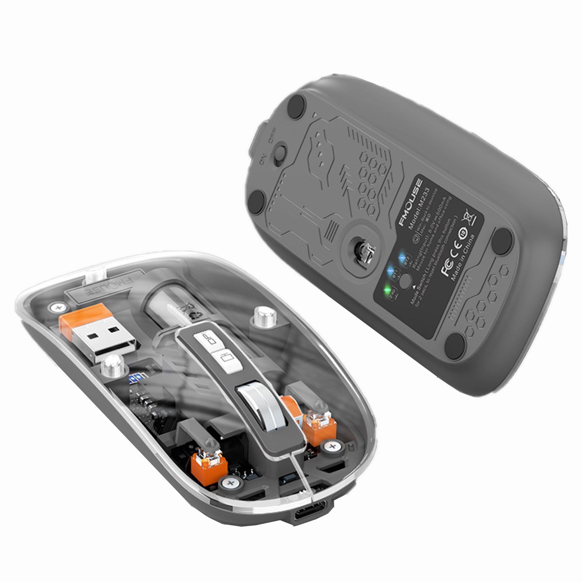 NAXSIR Draadloze Bluetooth Muis - 3-in-1 Verbinding, Oplaadbaar & Stil - Transparant Design voor Laptop, PC en Tablet