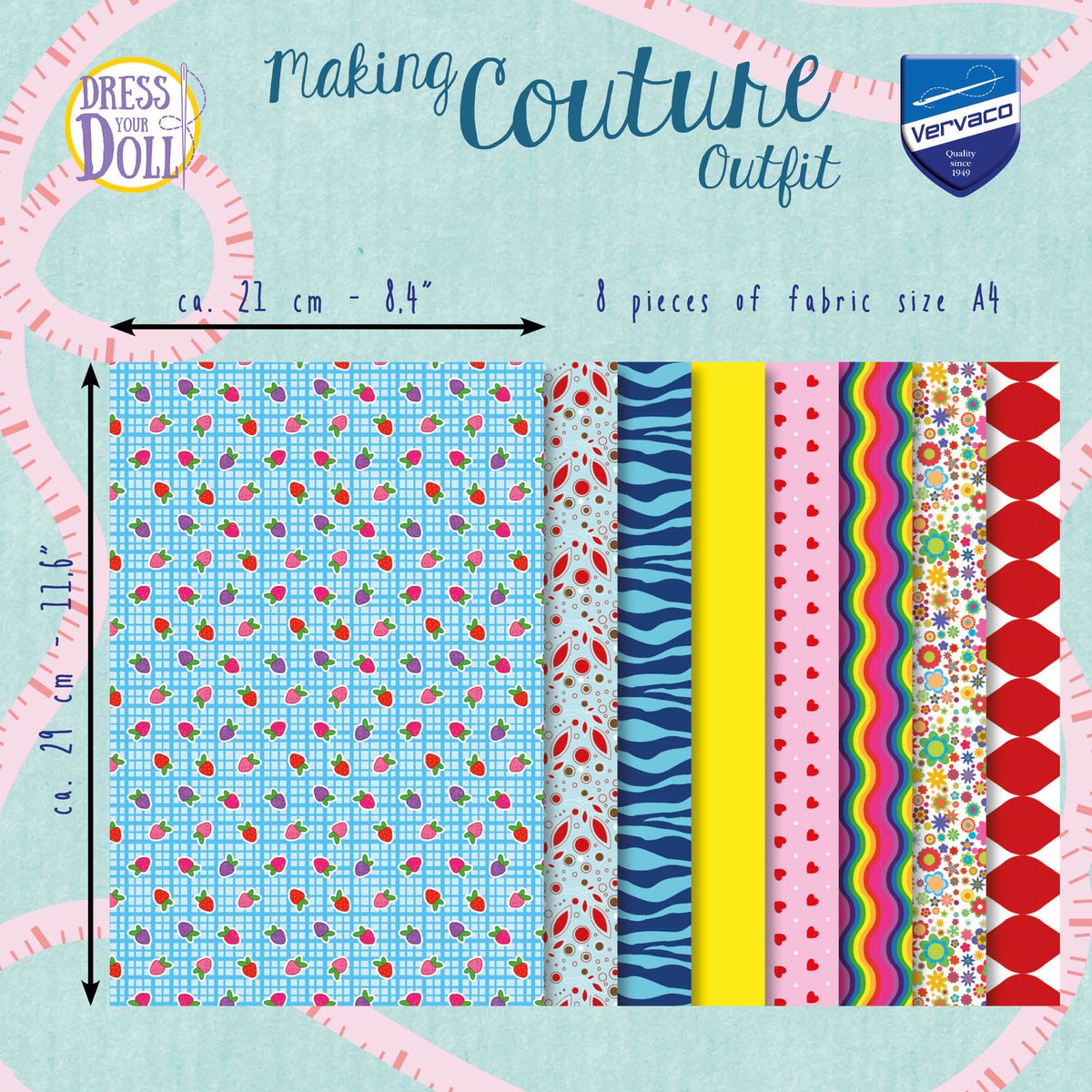 Dress Your Doll - Making Couture Fabric Set kit Strawberry Blue - Set van 8 stukken stof - PN-0164683
