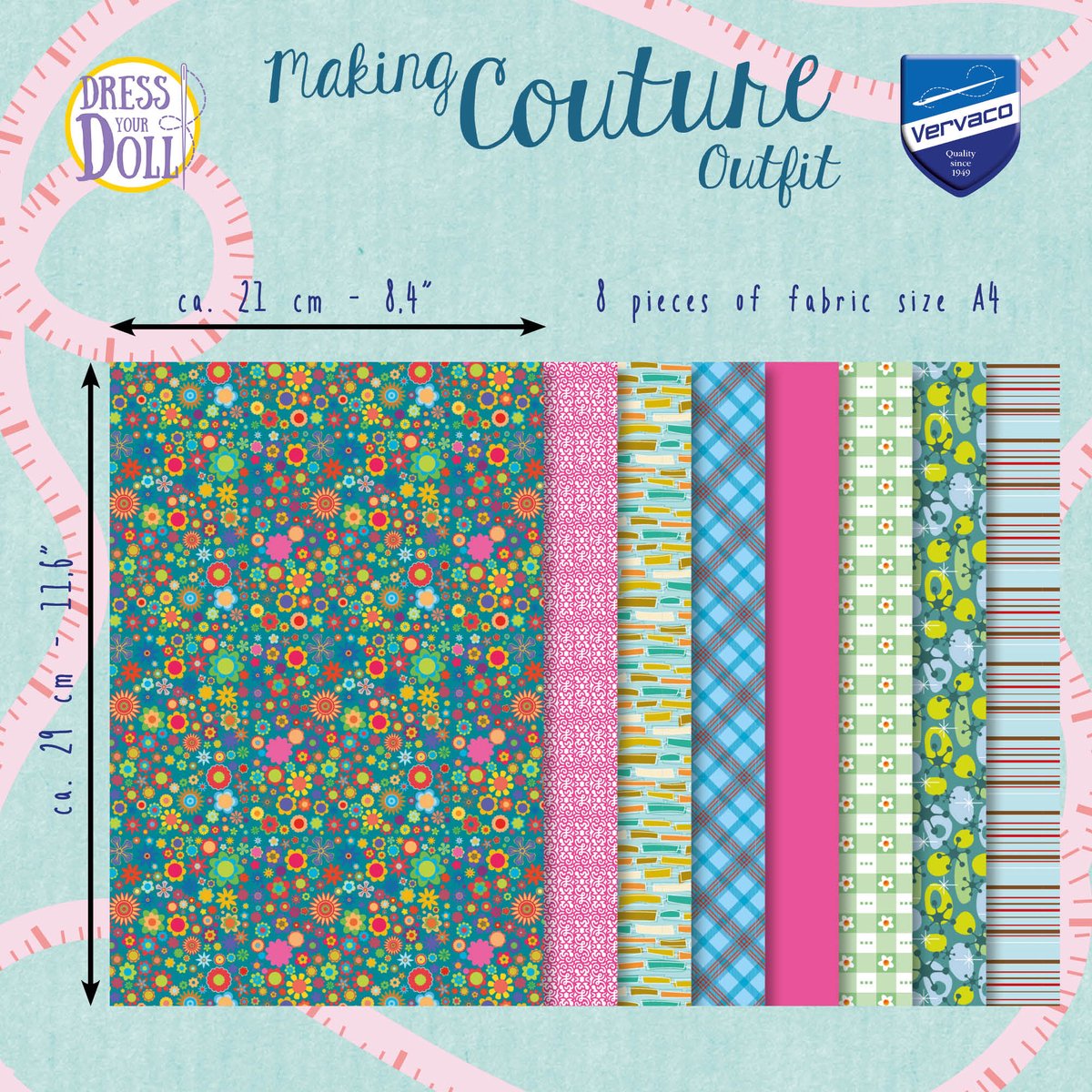 Dress Your Doll - Making Couture Fabric Set kitMultiflowers - petrol - Set van 8 stukken stof - PN-0164679