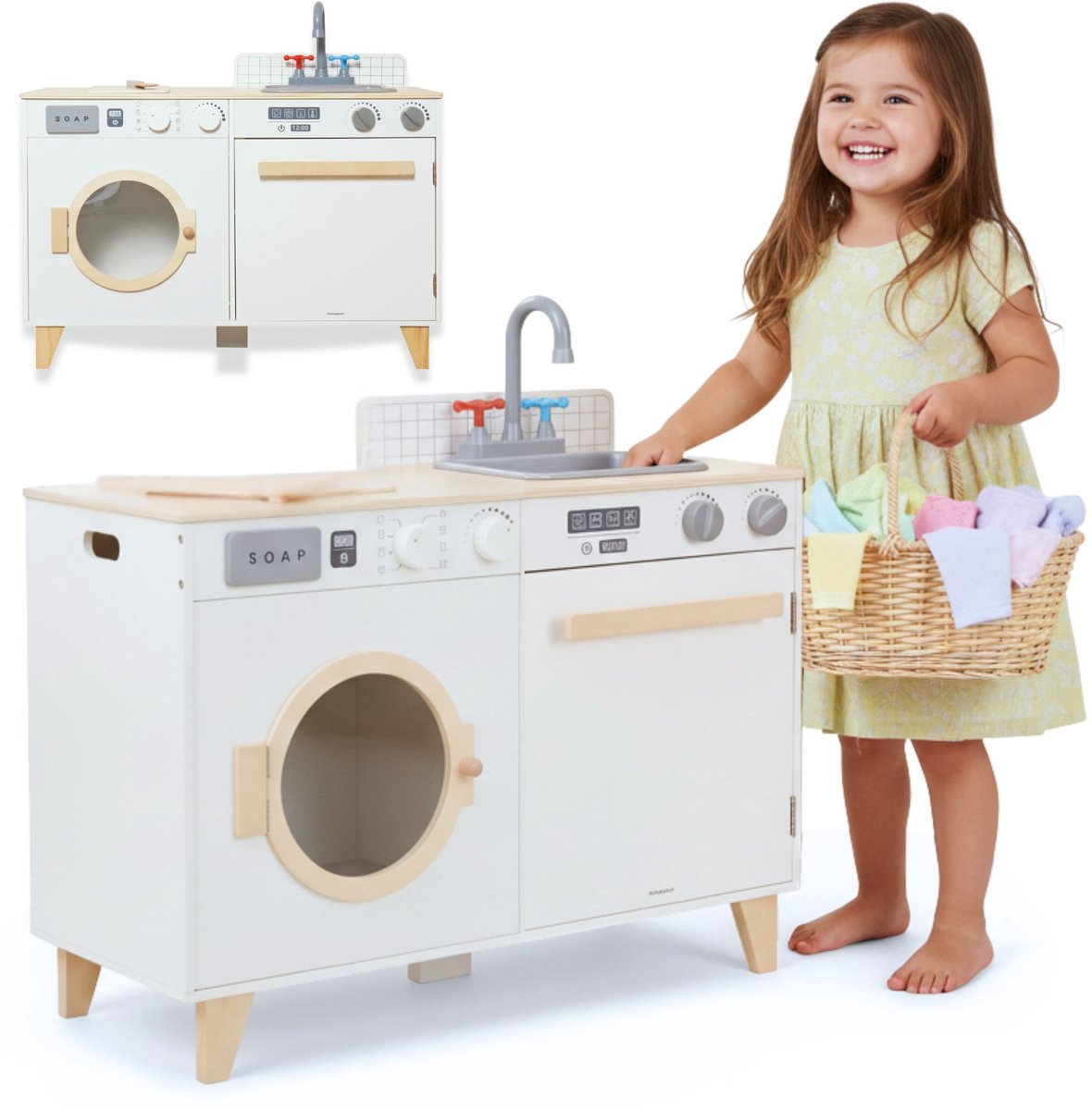 Mamabrum Montessori Houten 2-in-1 Speelkeuken & Wasruimte – Educatief Rollenspel Keuken + Wasmachine – Huishoudelijk Speelgoed 3–6 jaar